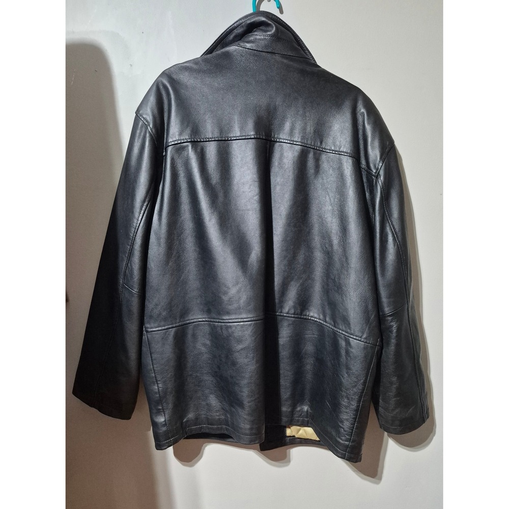Mens Black Leather Car Coat Jacket Quilted Lining XXL Vintage Full Zip - Picture 2 of 9